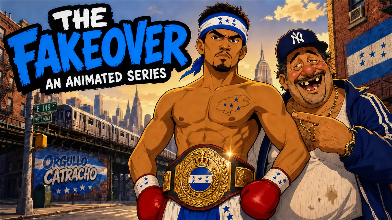 The Fakeover official key art featuring a boxer and his manager in the Bronx