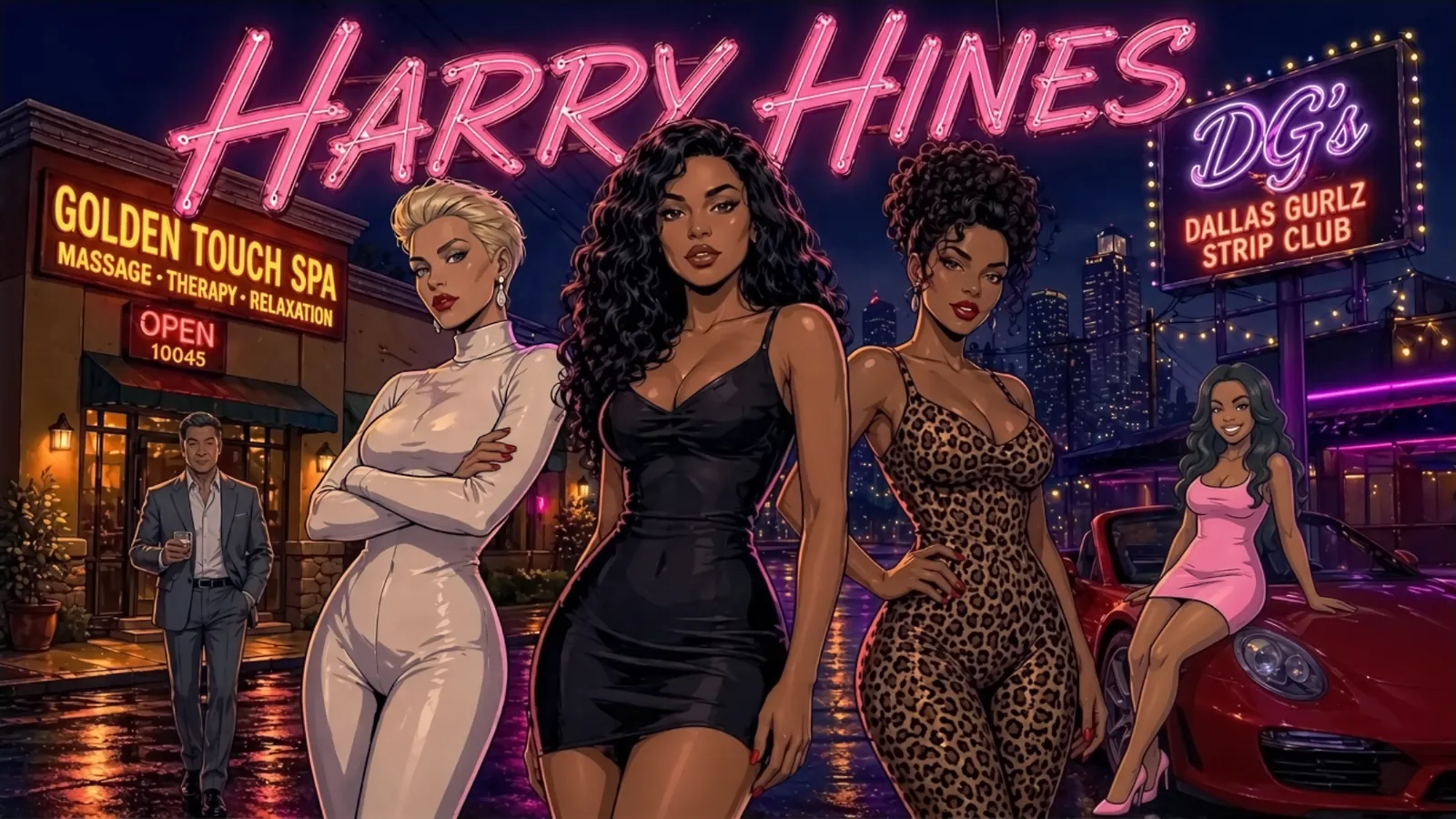 Harry Hines official key art featuring the women of Harry Hines against the Dallas nightlife